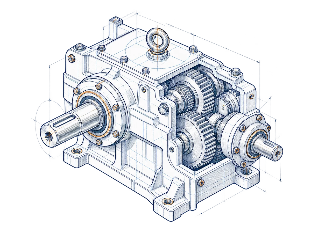 Technical gearbox blueprint illustration